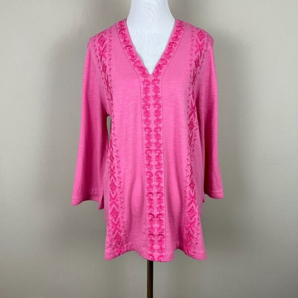 Soft Surroundings Tunic Top Womens Petite‎ Medium PM Pink Embroidered V-Neck 3/4 - Picture 1 of 11